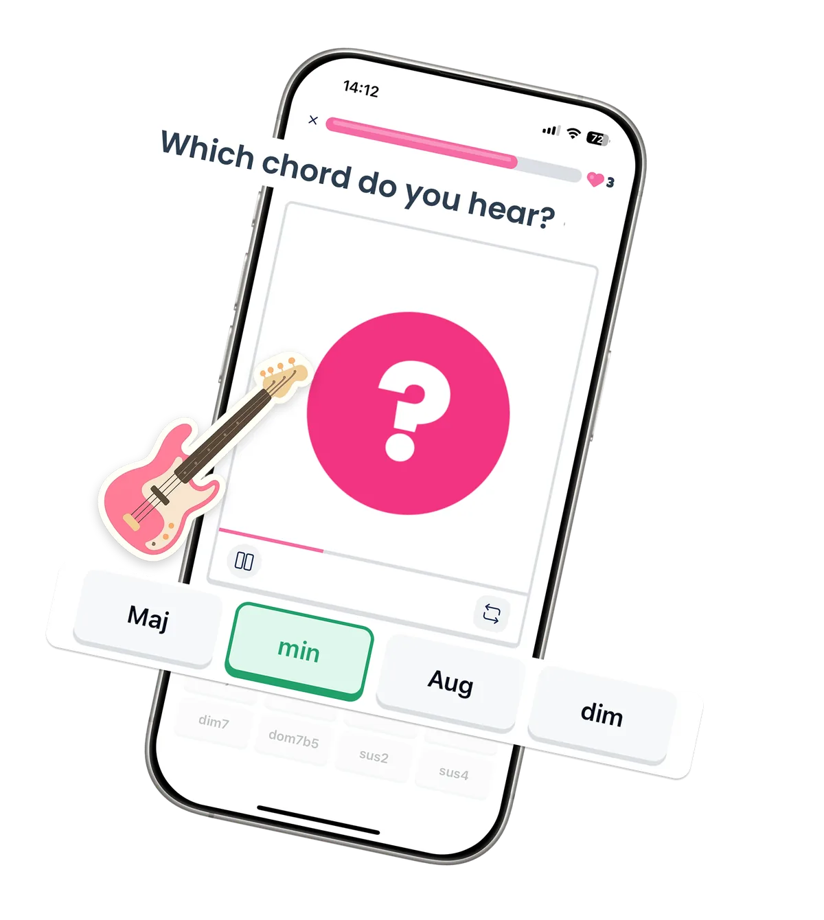 Trill ear training quiz — which chord do you hear, with Maj, min, Aug and dim answers and a pink bass guitar sticker