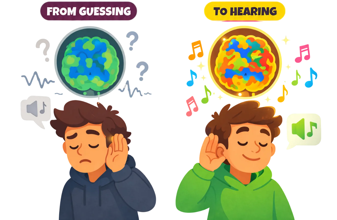From guessing — a confused musician with question marks — to hearing: the same musician smiling, surrounded by notes