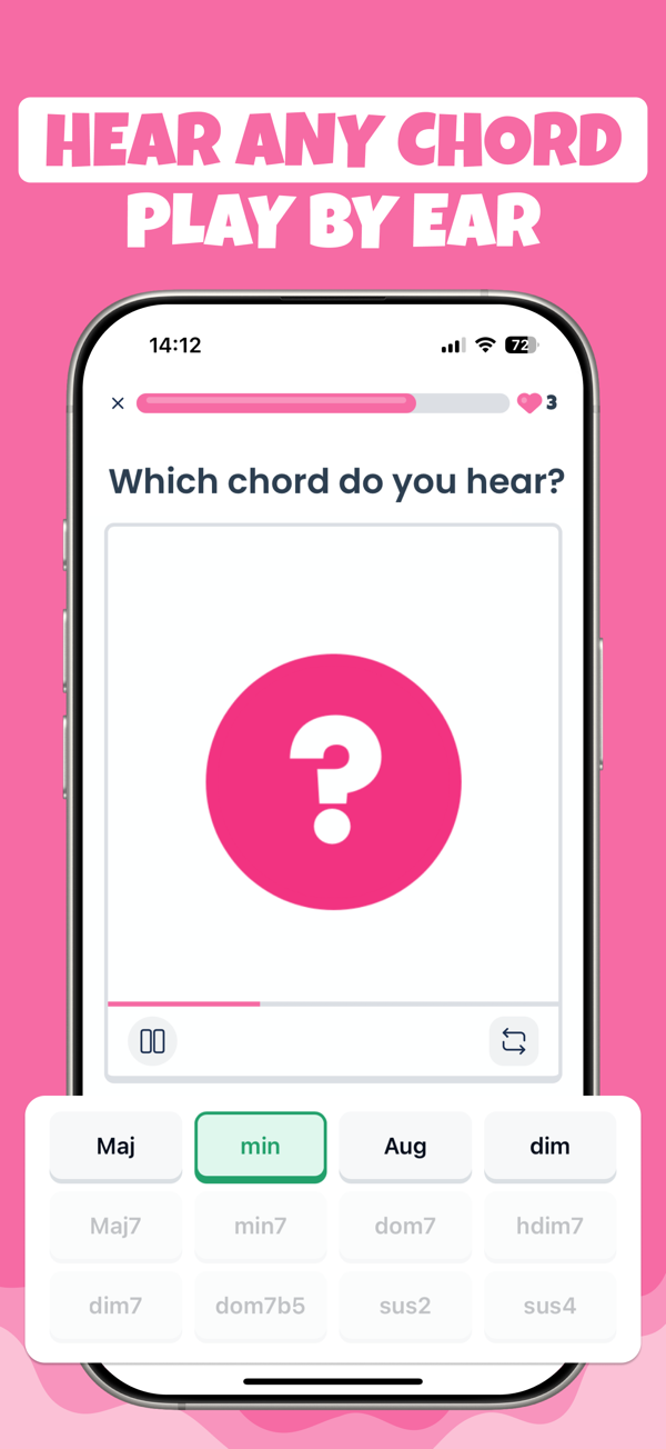 Trill ear training quiz — which chord do you hear, with Maj, min, Aug and dim answer options