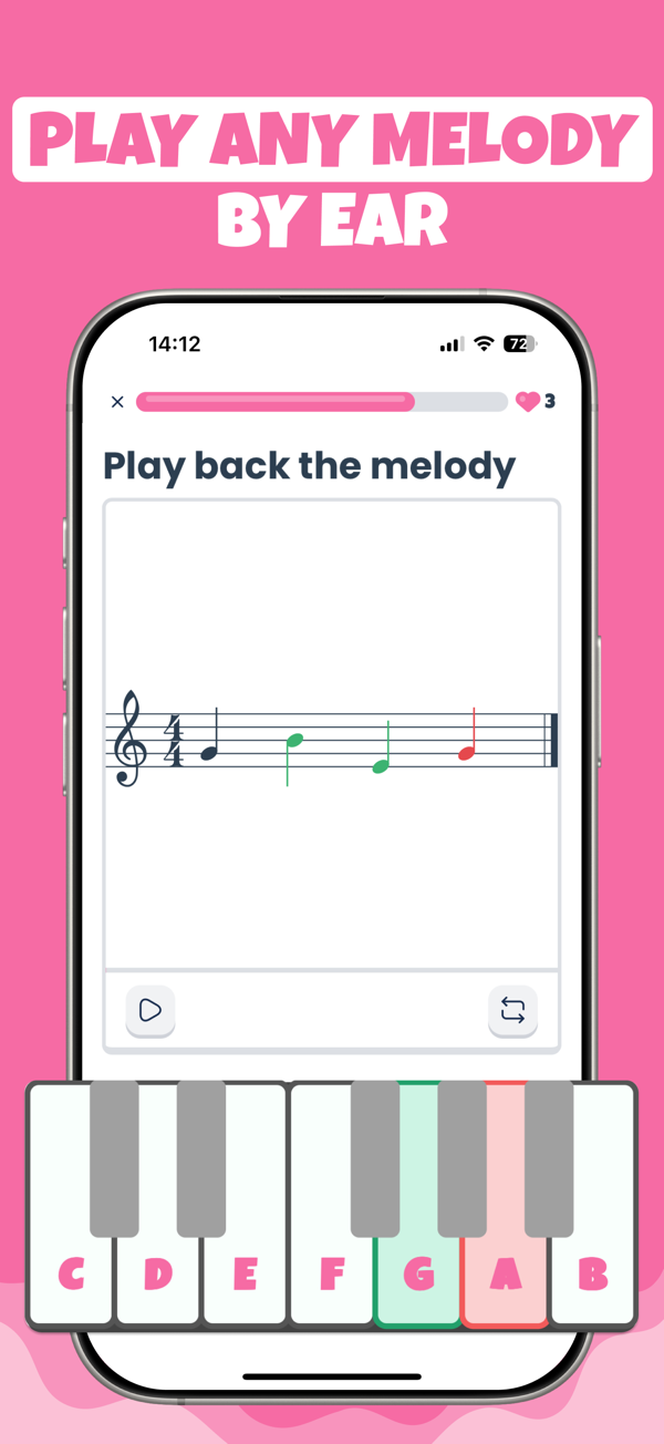 Melodic dictation: play back the melody by ear on a piano keyboard