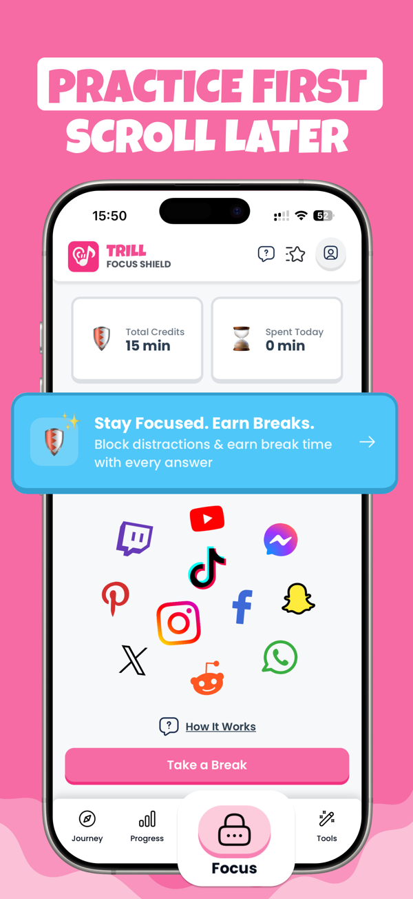 Focus Shield blocks TikTok, Instagram and YouTube until daily ear training is done — practice first, scroll later